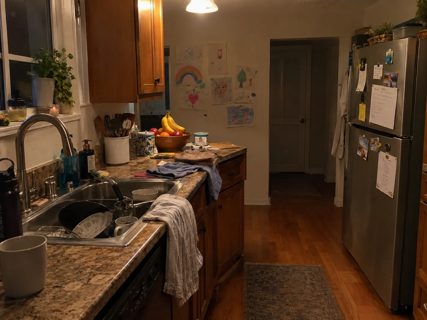 Original kitchen photo with dishes, towels and papers cluttering the counters and refrigerator