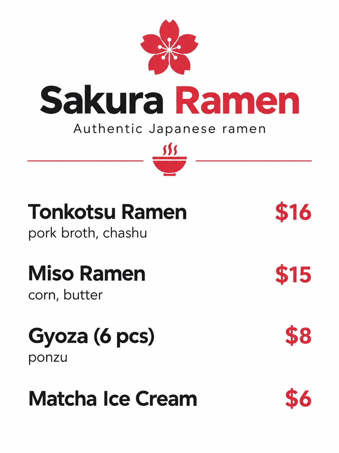 Sakura Ramen menu with a red cherry blossom logo and a short list of ramen and sides