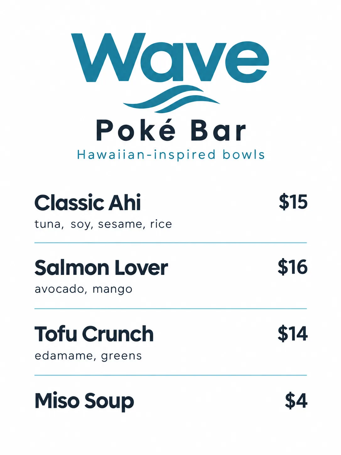 Wave Poké Bar menu with a blue wave logo and poké bowls on a white page