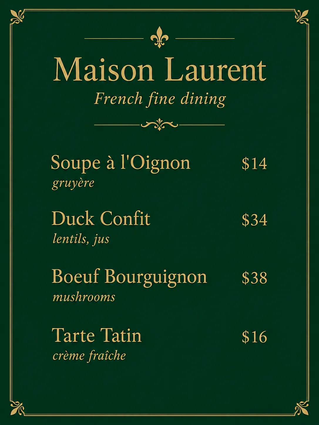 Maison Laurent French fine dining menu in gold type on a deep green page
