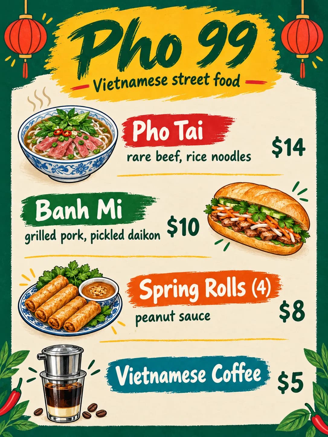 Pho 99 Vietnamese menu with illustrated bowls of pho, banh mi and spring rolls