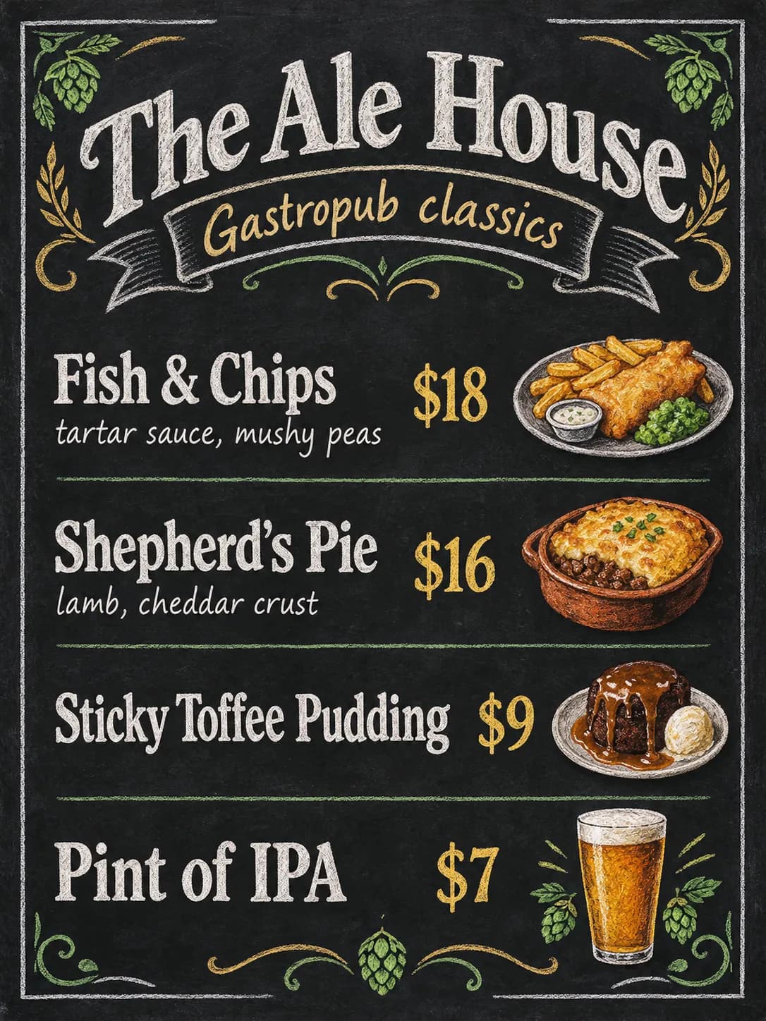 The Ale House chalkboard menu with pub classics like fish and chips, with food photos