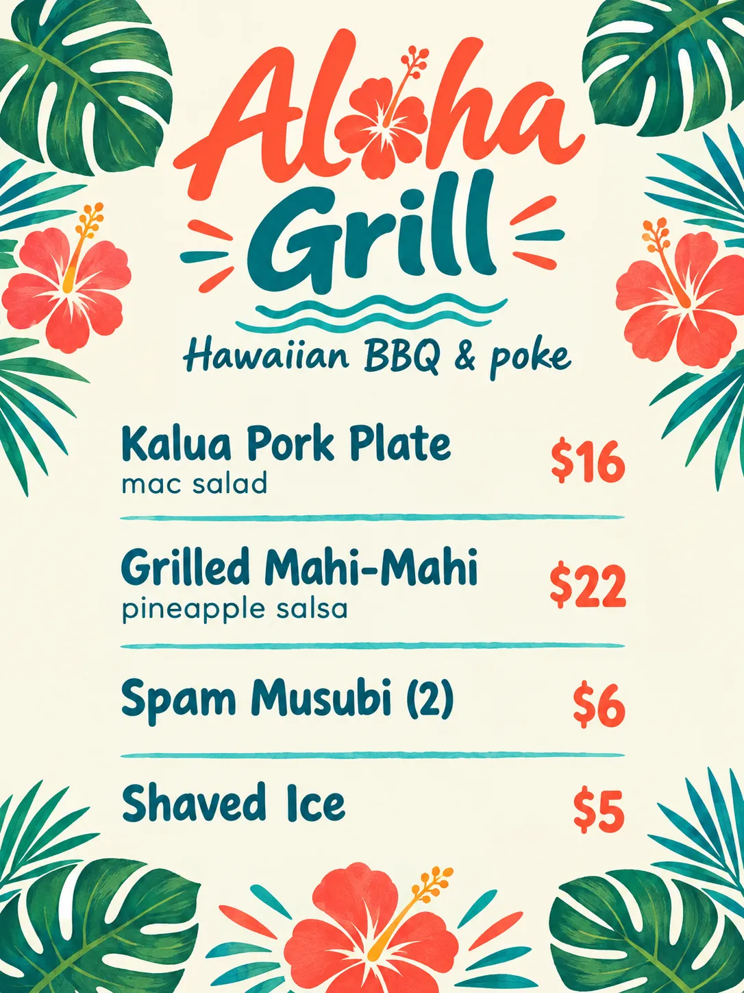 Aloha Grill Hawaiian menu with hibiscus flowers, palm leaves and plate lunches