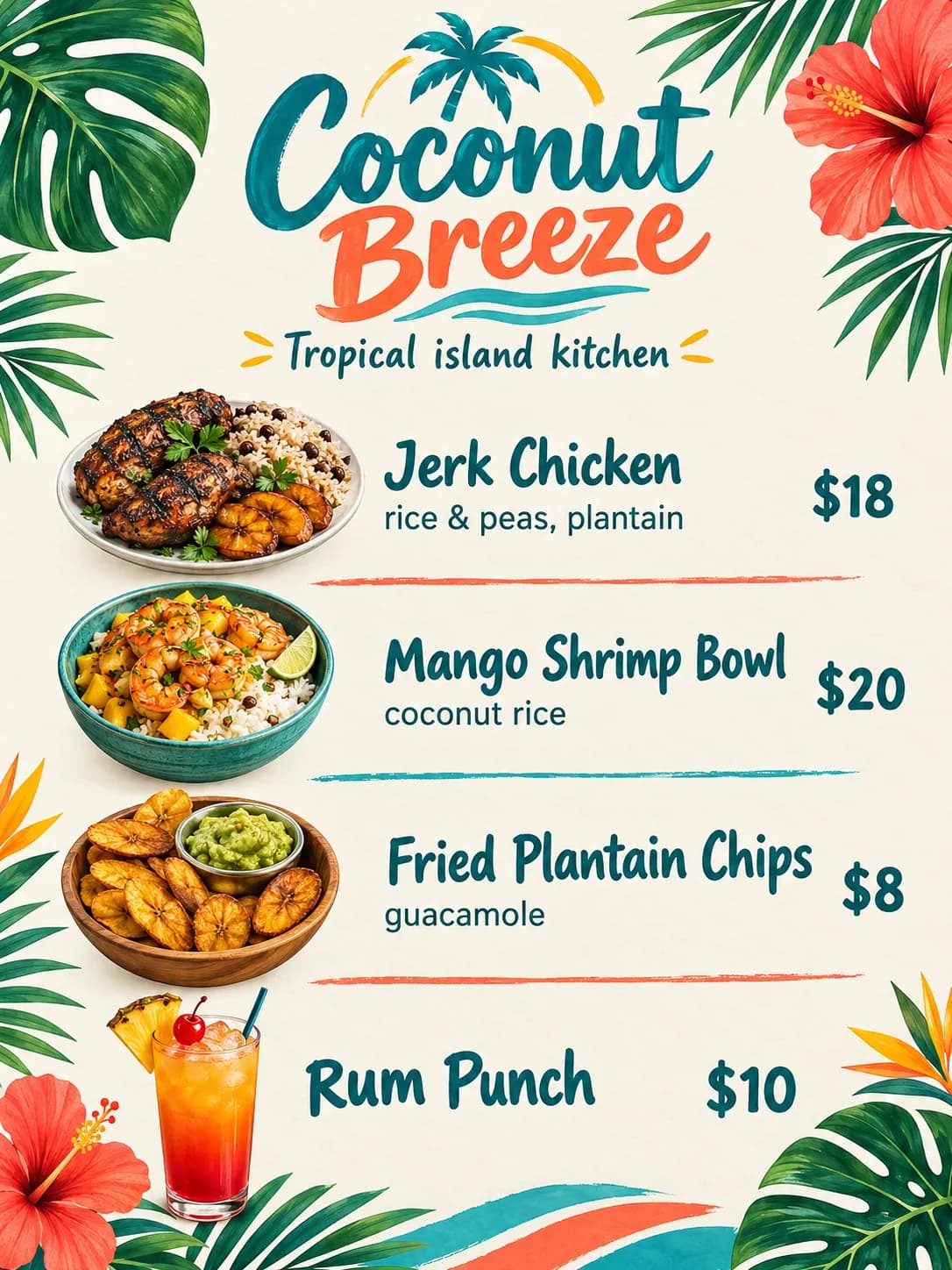 Coconut Breeze tropical menu with palm leaves, hibiscus flowers and island dishes