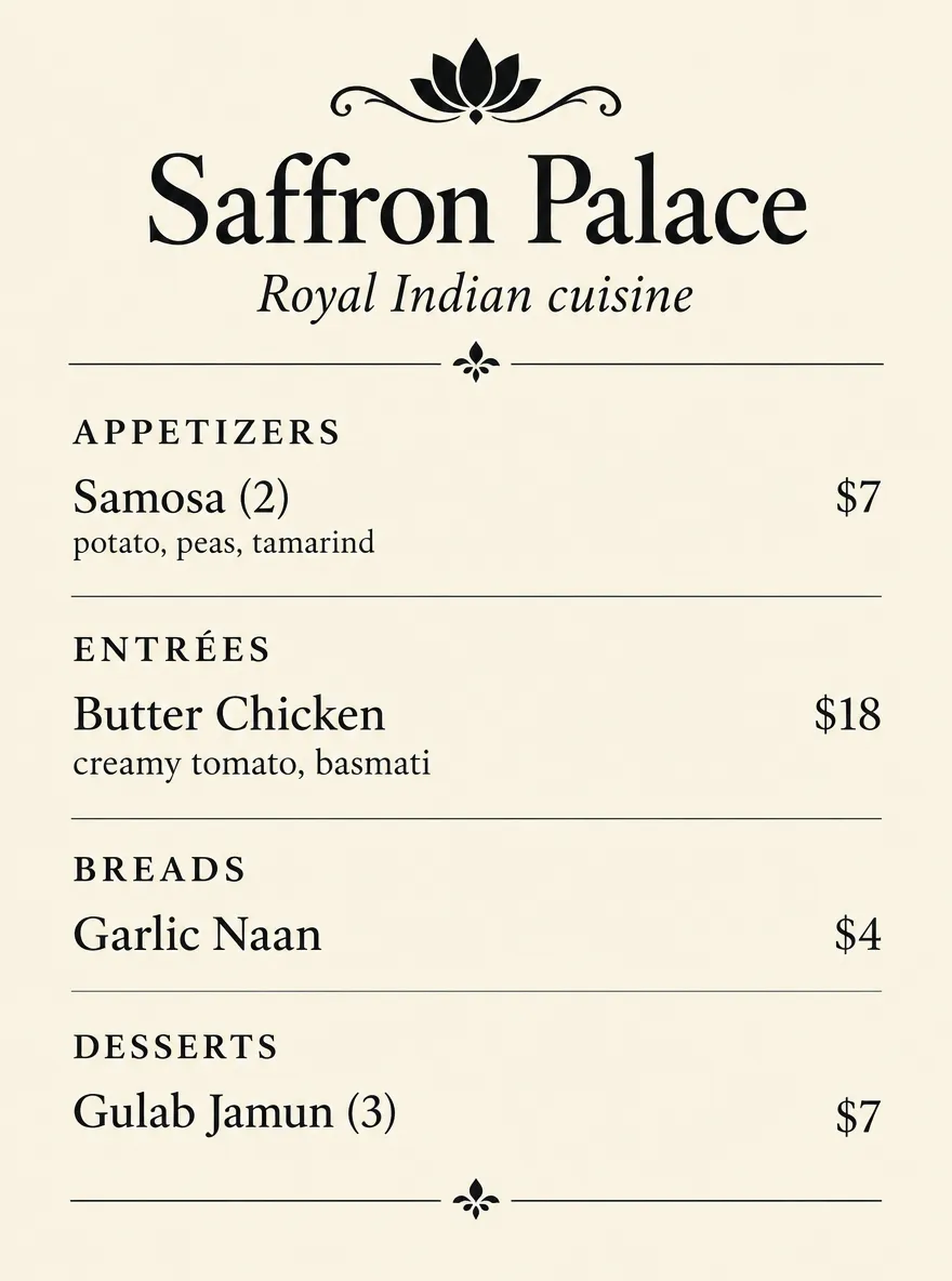 Saffron Palace Indian restaurant menu with appetizers, entrées, breads and desserts on a cream page