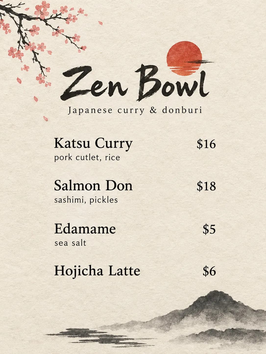 Zen Bowl Japanese menu with a red sun and ink-wash mountains, listing curry and donburi