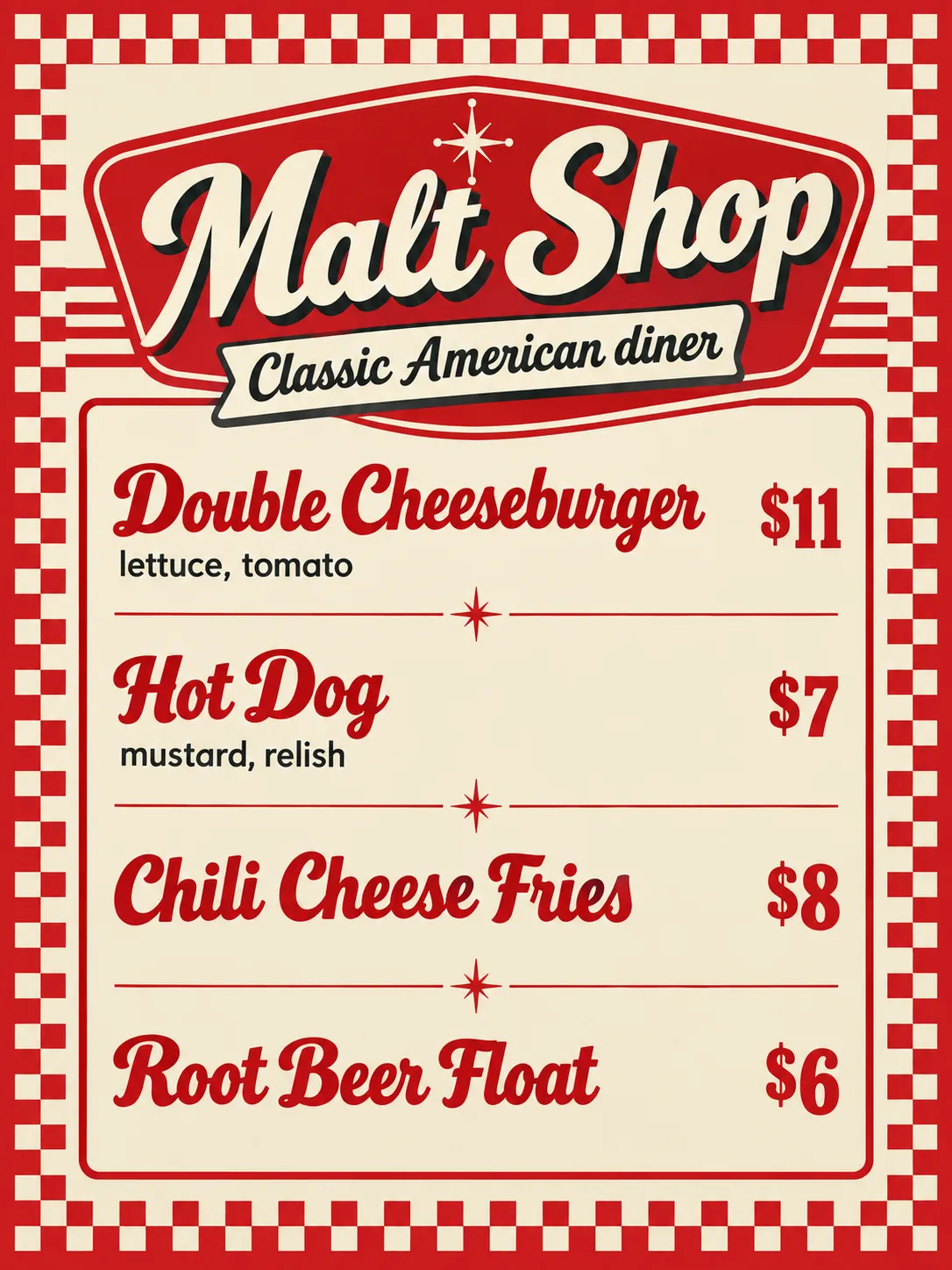 Malt Shop retro diner menu in red and white with burgers, fries and root beer floats