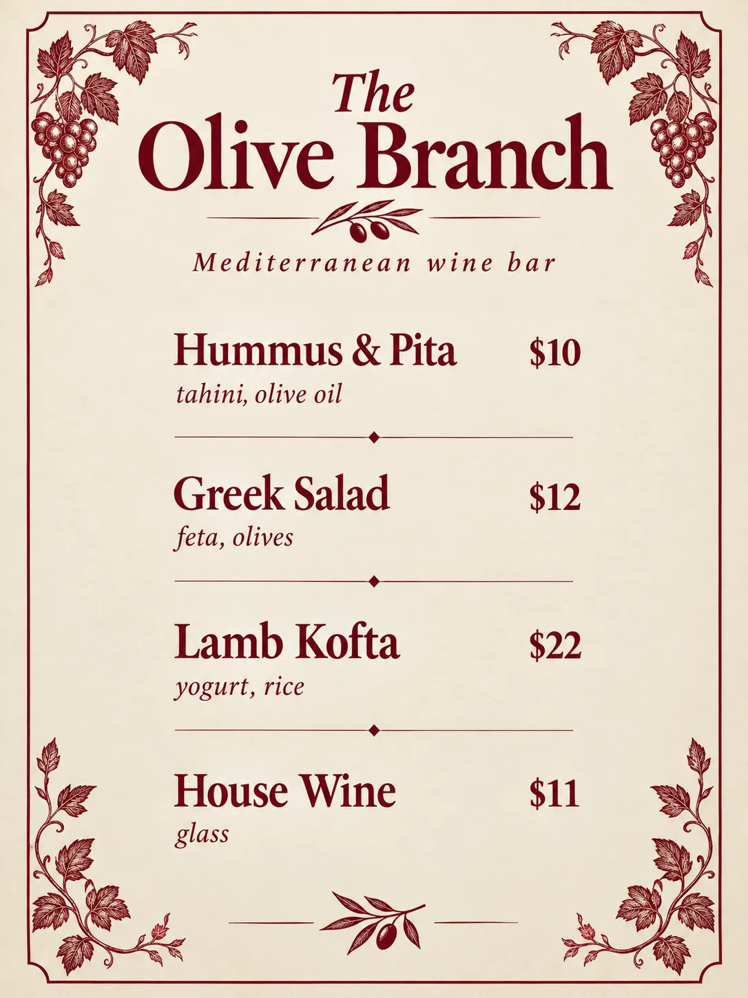 The Olive Branch Mediterranean wine bar menu with olive branches on a cream page