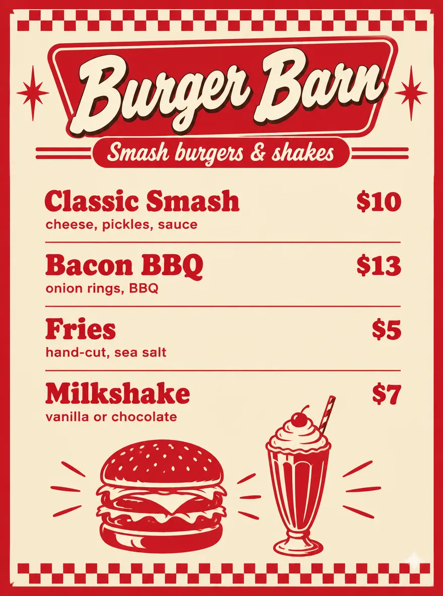 Burger Barn retro diner menu in red and cream with a burger and milkshake illustration