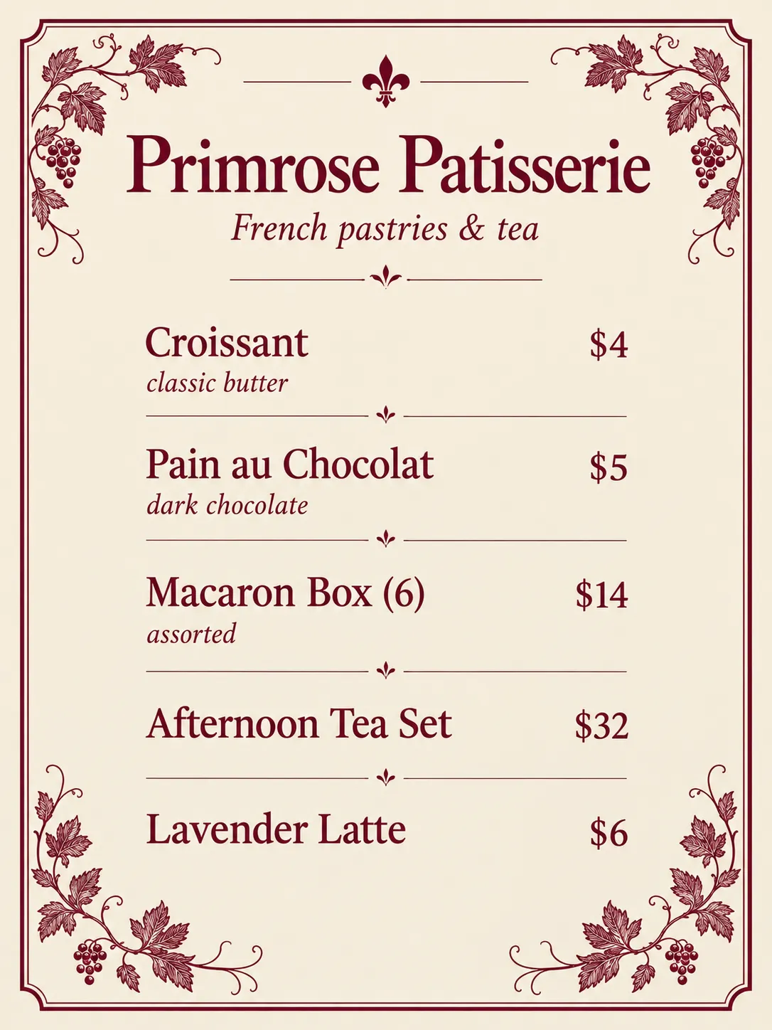 Primrose Patisserie menu with burgundy floral accents, pastries and afternoon tea