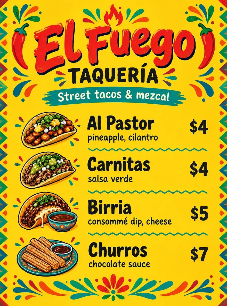 El Fuego Taquería menu with colorful papel picado, illustrated tacos and street food prices