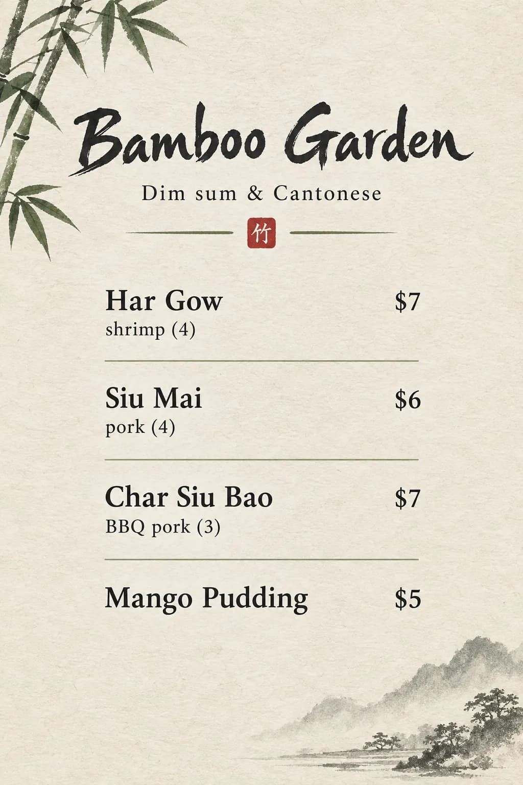 Bamboo Garden dim sum menu in an ink-wash style with bamboo and a pale grey backdrop
