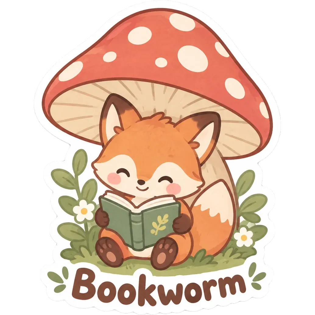 Kawaii sticker of a tiny fox reading a book under a mushroom, with the word “Bookworm”
