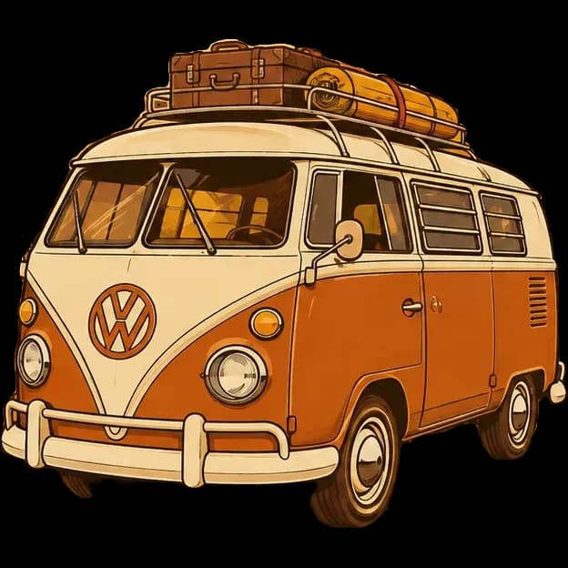 Retro 70s sticker of a cream-and-orange camper van with luggage on the roof