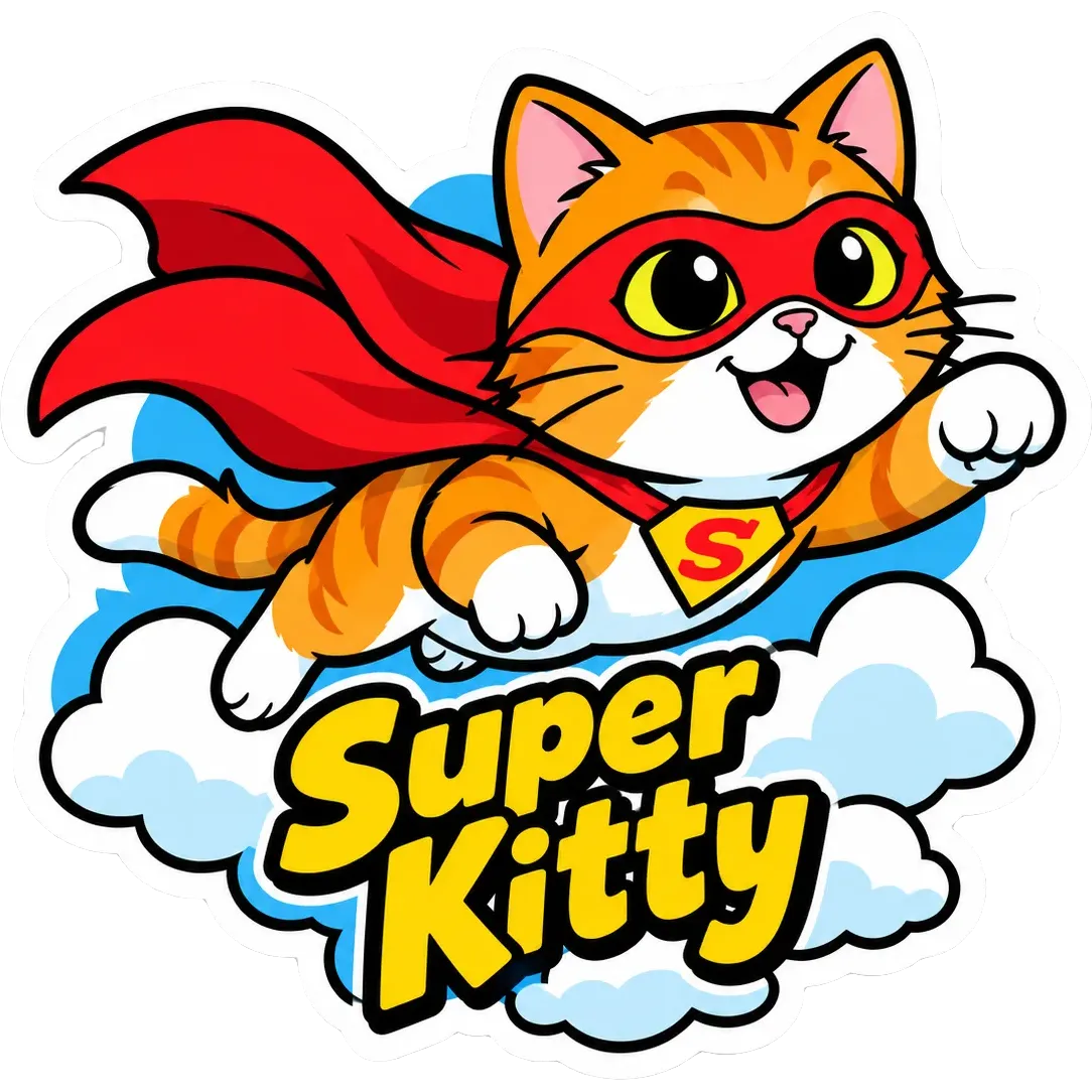 Bold cartoon sticker of a superhero cat in a red cape flying through clouds, with the words “Super Kitty”