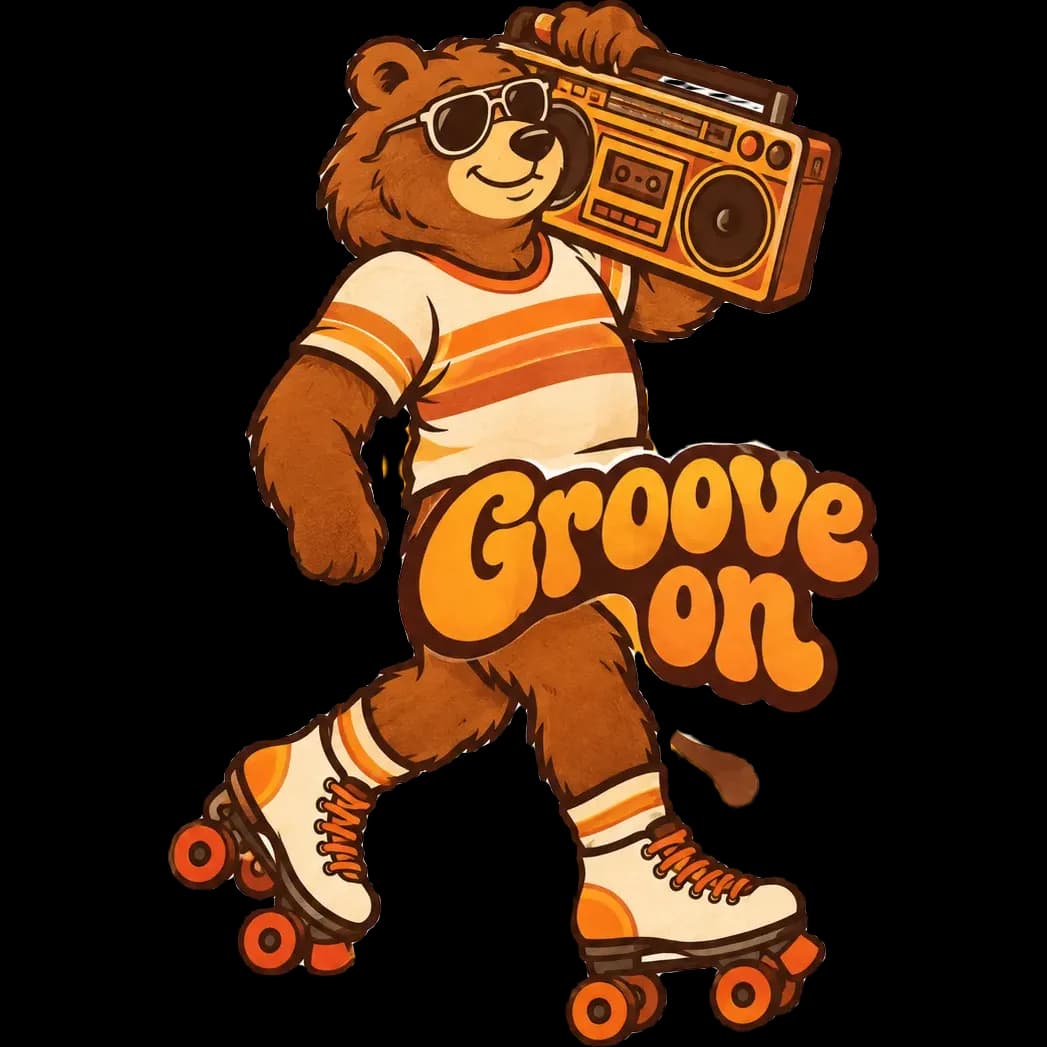 Retro 70s sticker of a roller-skating bear carrying a boombox, with the words “Groove on”