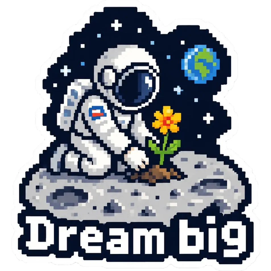 Pixel art sticker of an astronaut planting a flower on the moon, with the words “Dream big”