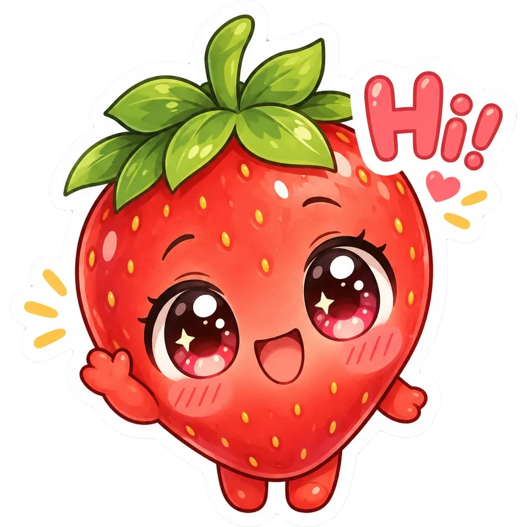 Chibi sticker of a blushing strawberry waving hello, with the word “Hi!”