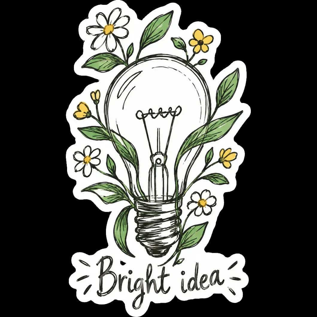 Hand-drawn doodle sticker of a light bulb sprouting leaves and flowers, with the words “Bright idea”