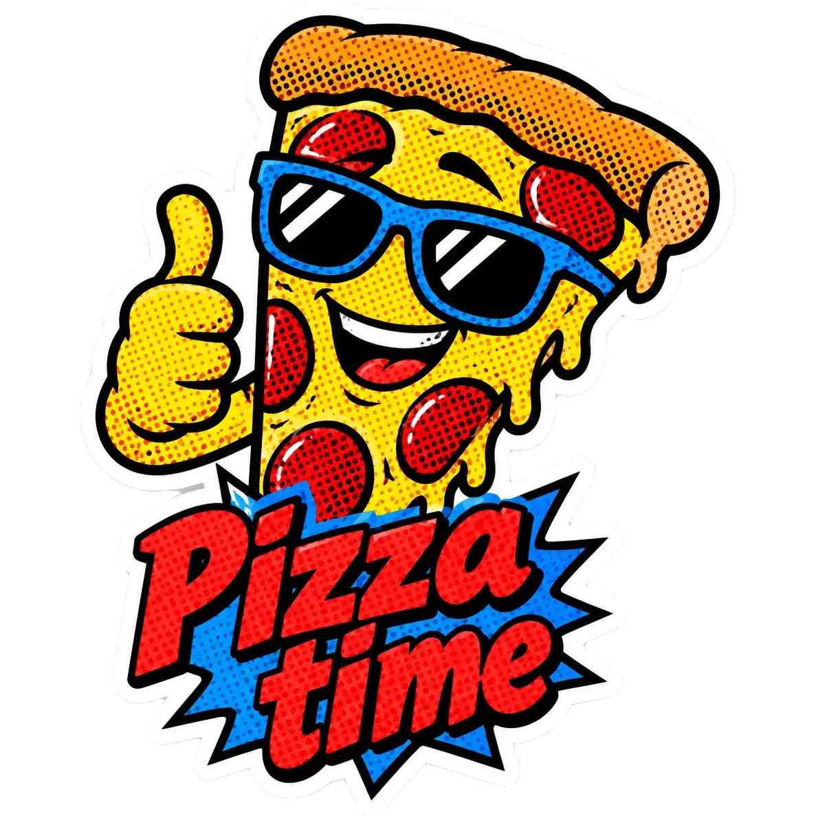 Pop art sticker of a pizza slice in sunglasses giving a thumbs up, with the words “Pizza time”