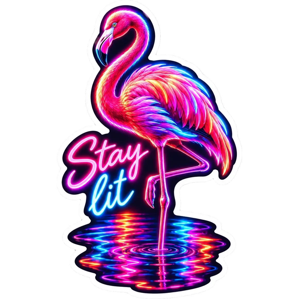 Neon glow sticker of a pink flamingo standing in glowing reflections, with the words “Stay lit”