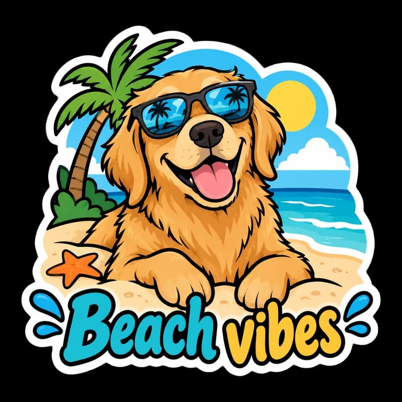 Bold cartoon sticker of a golden retriever in sunglasses on a beach, with the words “Beach vibes”