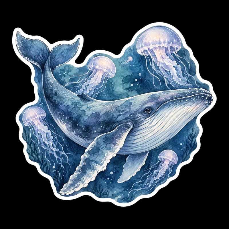 Watercolor sticker of a blue whale swimming among jellyfish