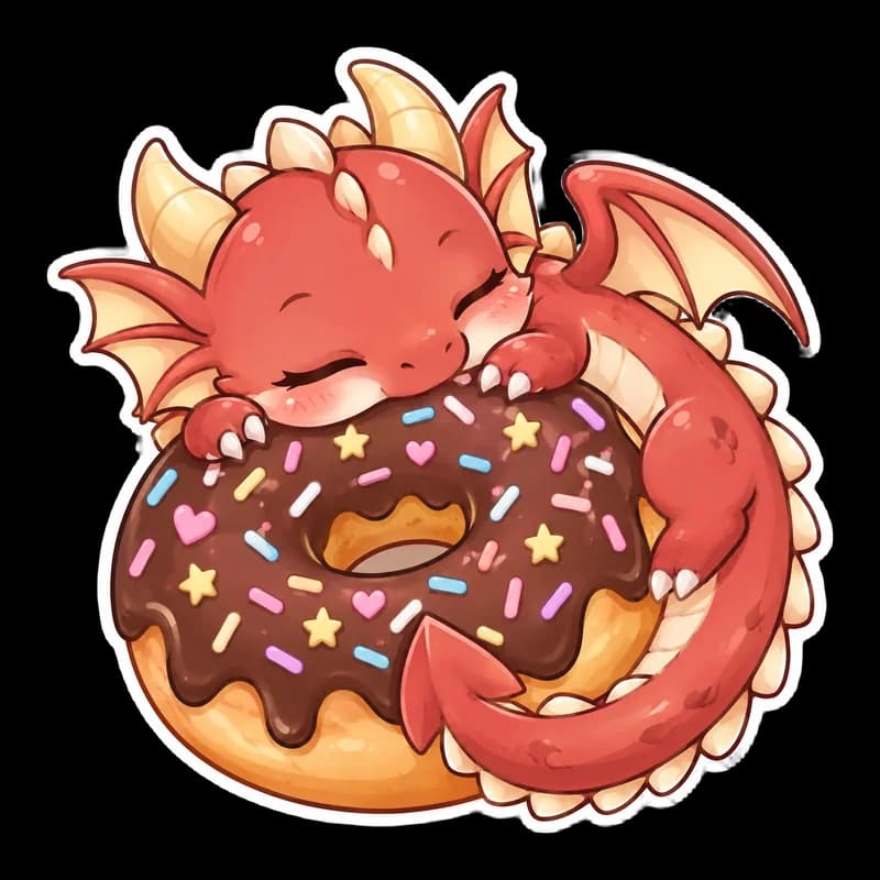 Chibi sticker of a sleeping red dragon curled around a chocolate sprinkle donut