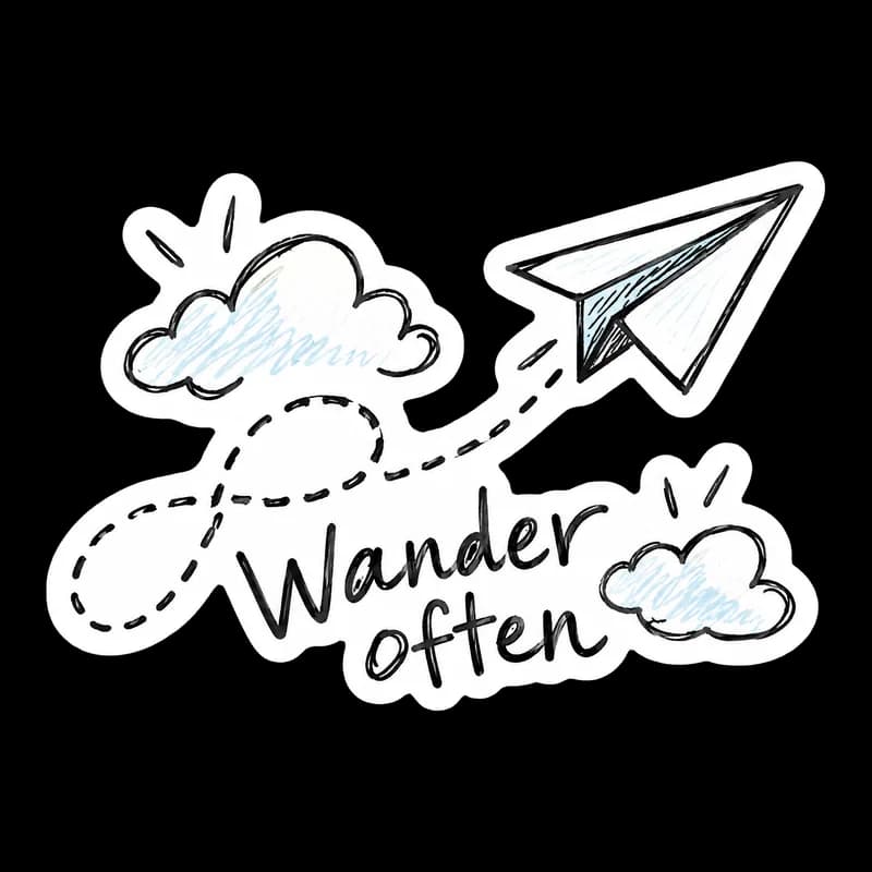 Hand-drawn doodle sticker of a paper airplane with a dotted flight path and clouds, with the words “Wander often”