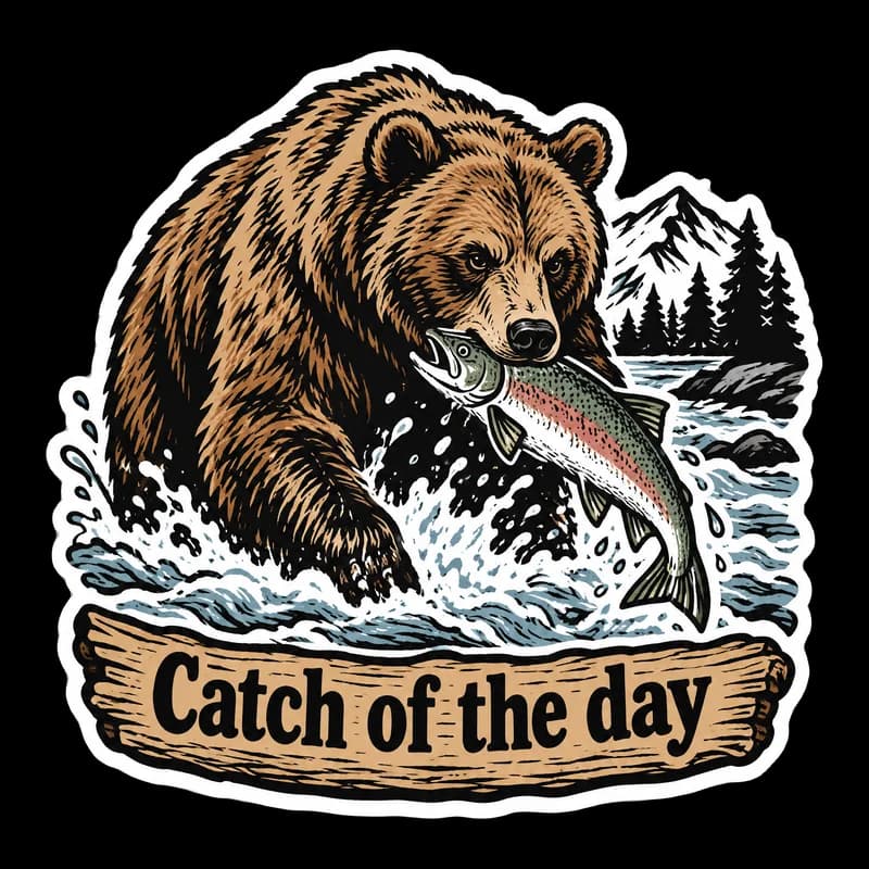 Woodcut-style sticker of a grizzly bear catching a salmon in a river, with a banner reading “Catch of the day”
