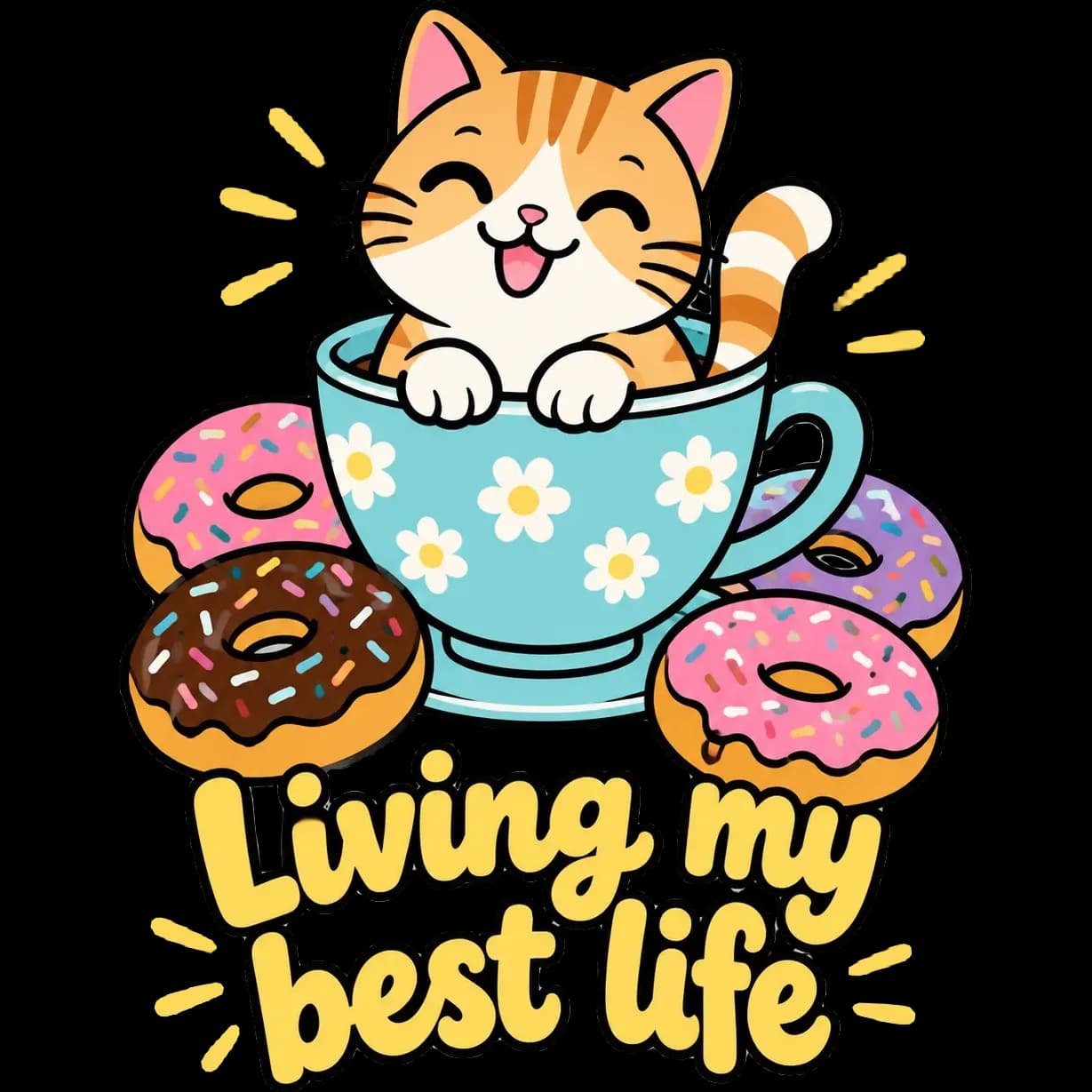 Cute illustrated T-shirt design of a cat in a teacup surrounded by donuts, with the words “Living my best life”