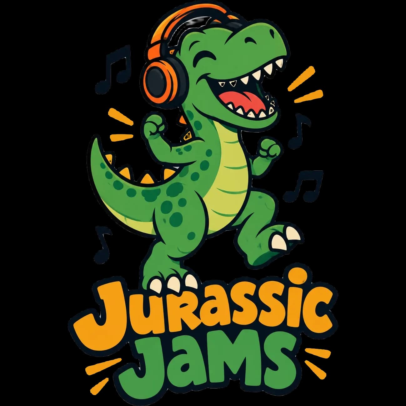 Cute illustrated T-shirt design of a dinosaur wearing headphones, with the words “Jurassic Jams”