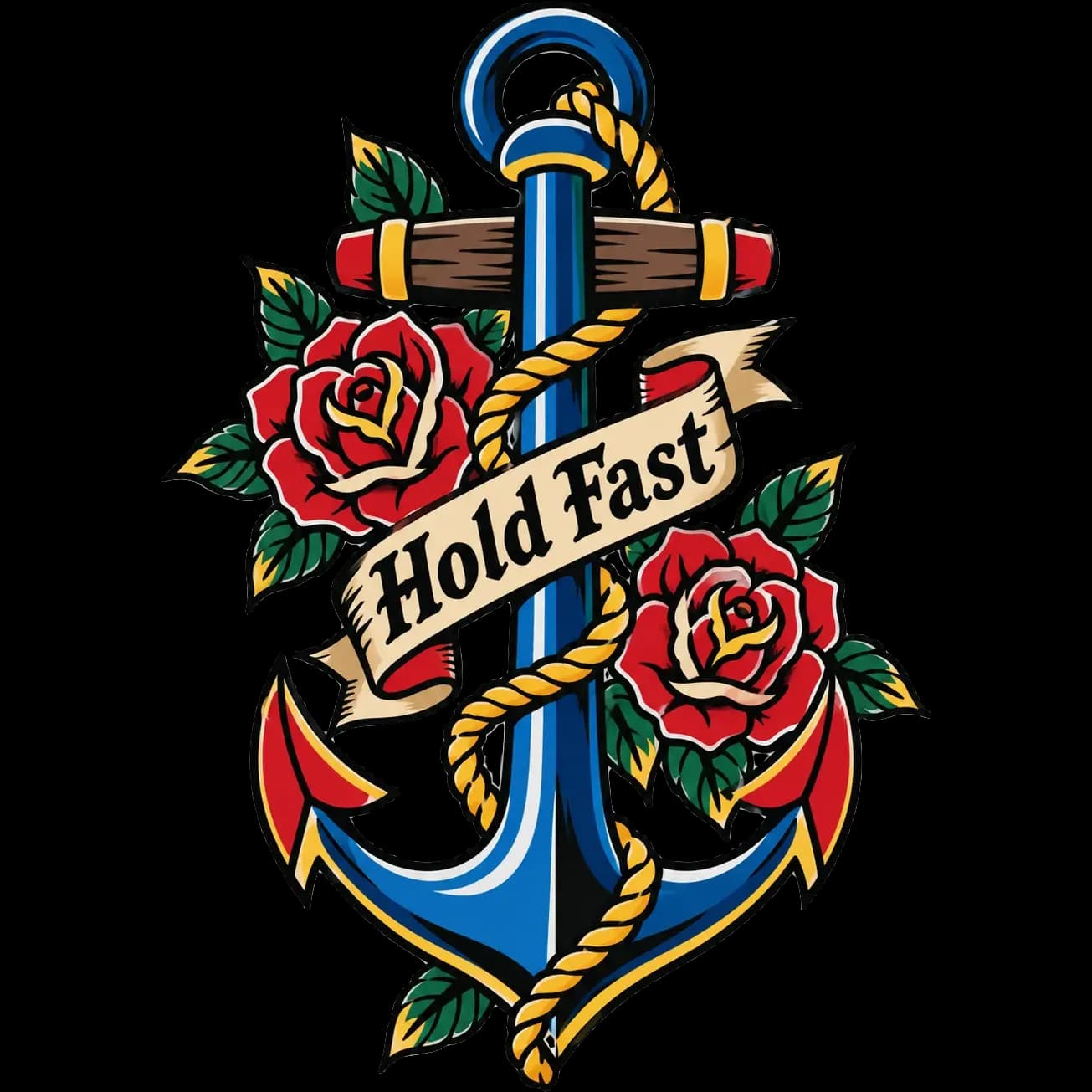 Traditional tattoo T-shirt design of an anchor with red roses and a banner reading “Hold Fast”