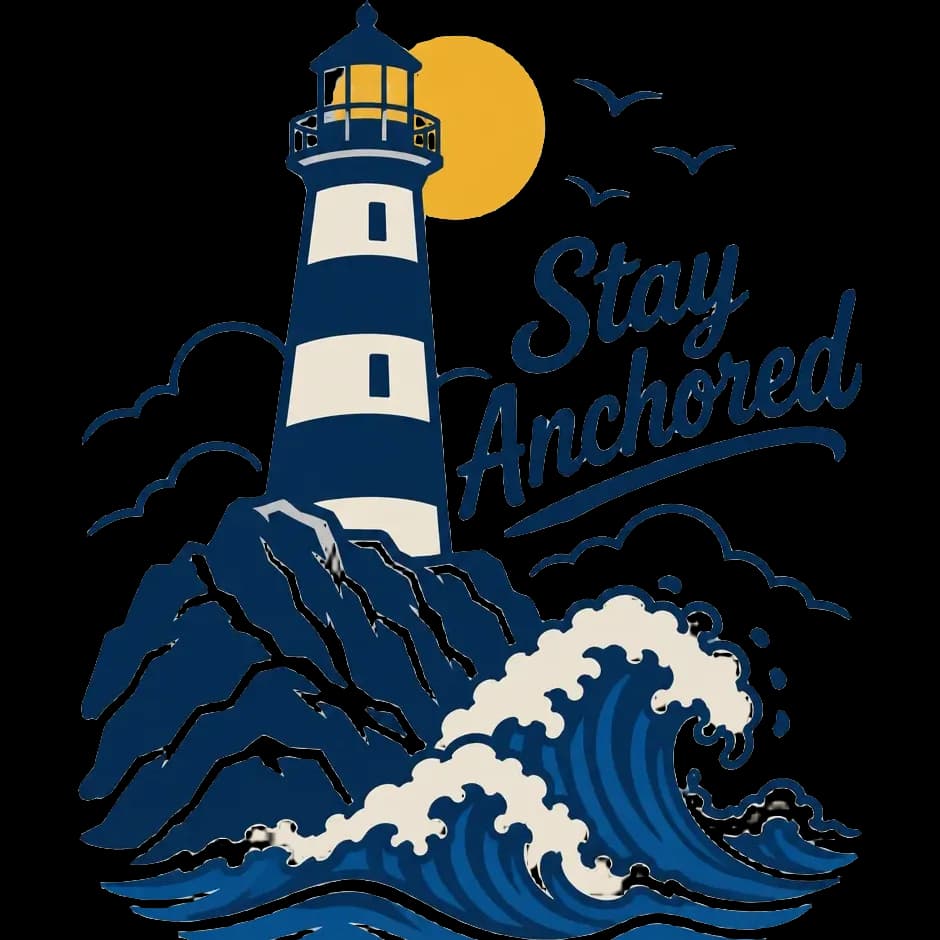 Minimal line-art T-shirt design of a lighthouse on a rocky coast with crashing waves and script lettering