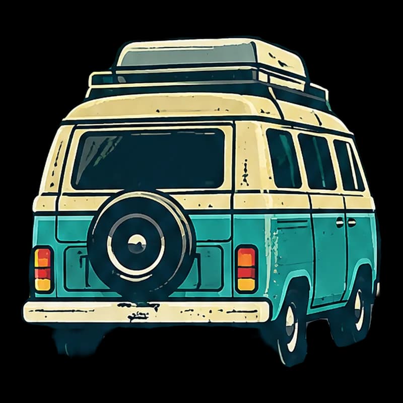 Vintage badge T-shirt design of a camper van on a mountain road at sunset, with the words “Adventure Awaits”