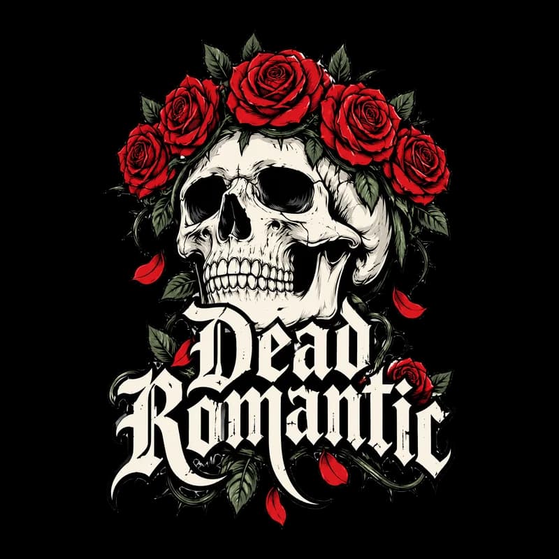 Streetwear T-shirt design of a skull crowned with red roses and the words “Dead Romantic”