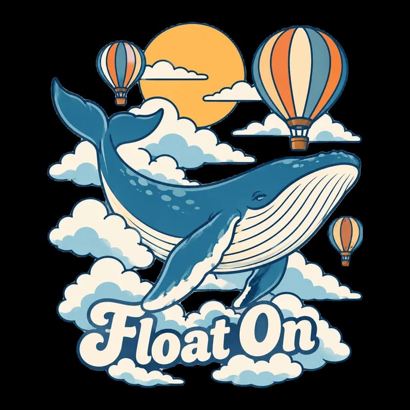 Line-art T-shirt design of a whale swimming through clouds among hot air balloons, with the words “Float On”