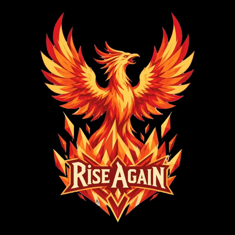 Bold graphic T-shirt design of a phoenix rising from orange flames, with the words “Rise Again”