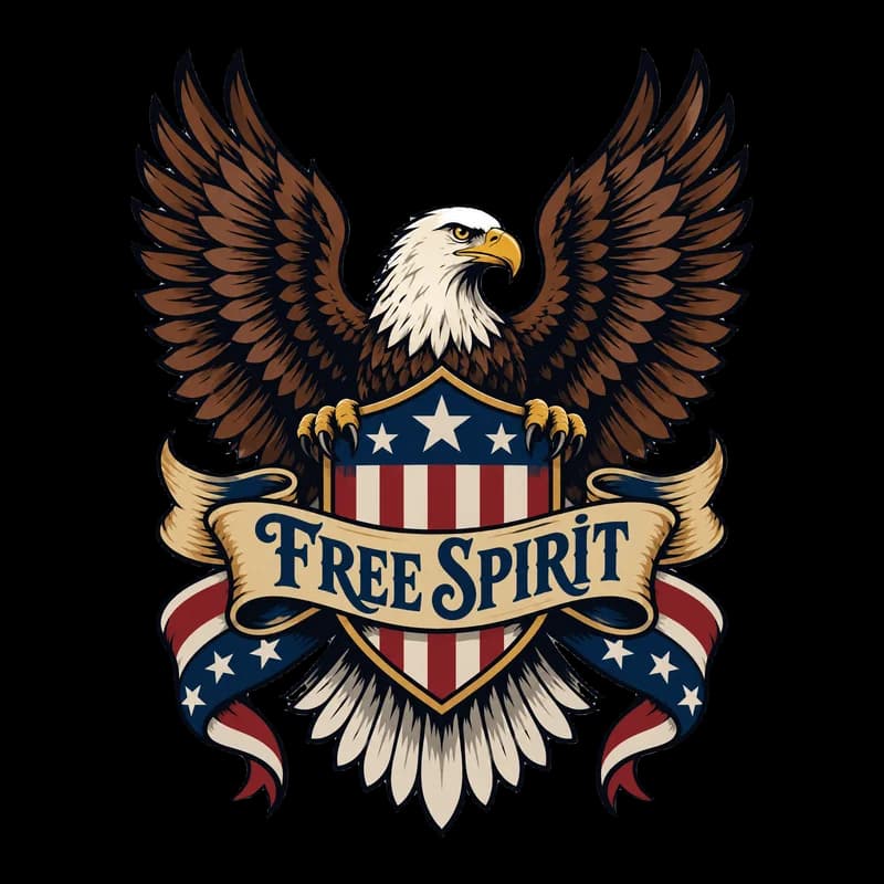 Bold graphic T-shirt design of an eagle with spread wings above a stars-and-stripes shield banner reading “Free Spirit”