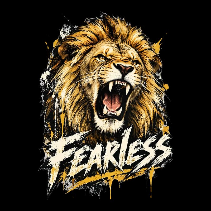 Grunge T-shirt design of a roaring lion with ink splatters and the word “Fearless”