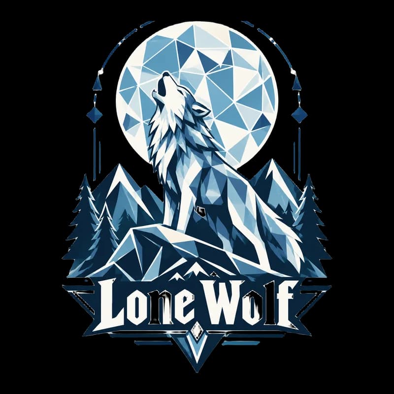 Geometric T-shirt design of a wolf howling at a moon of geometric shards, with the words “Lone Wolf”