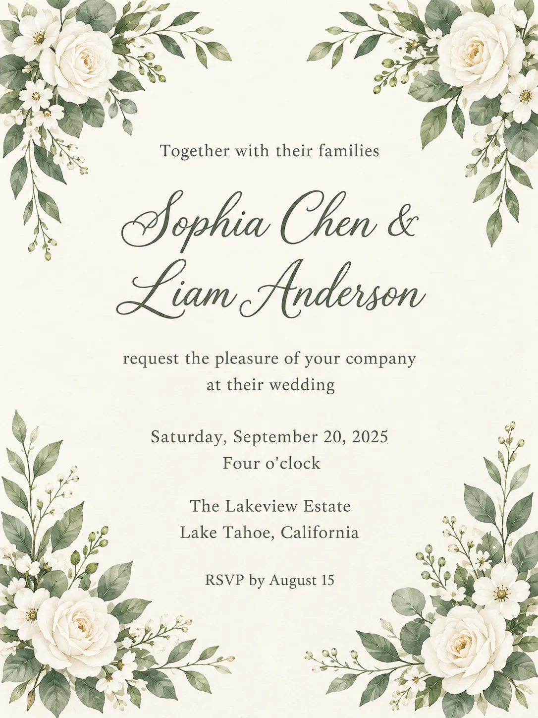 Watercolor botanical wedding invitation with white roses and green leaves for Sophia Chen and Liam Anderson