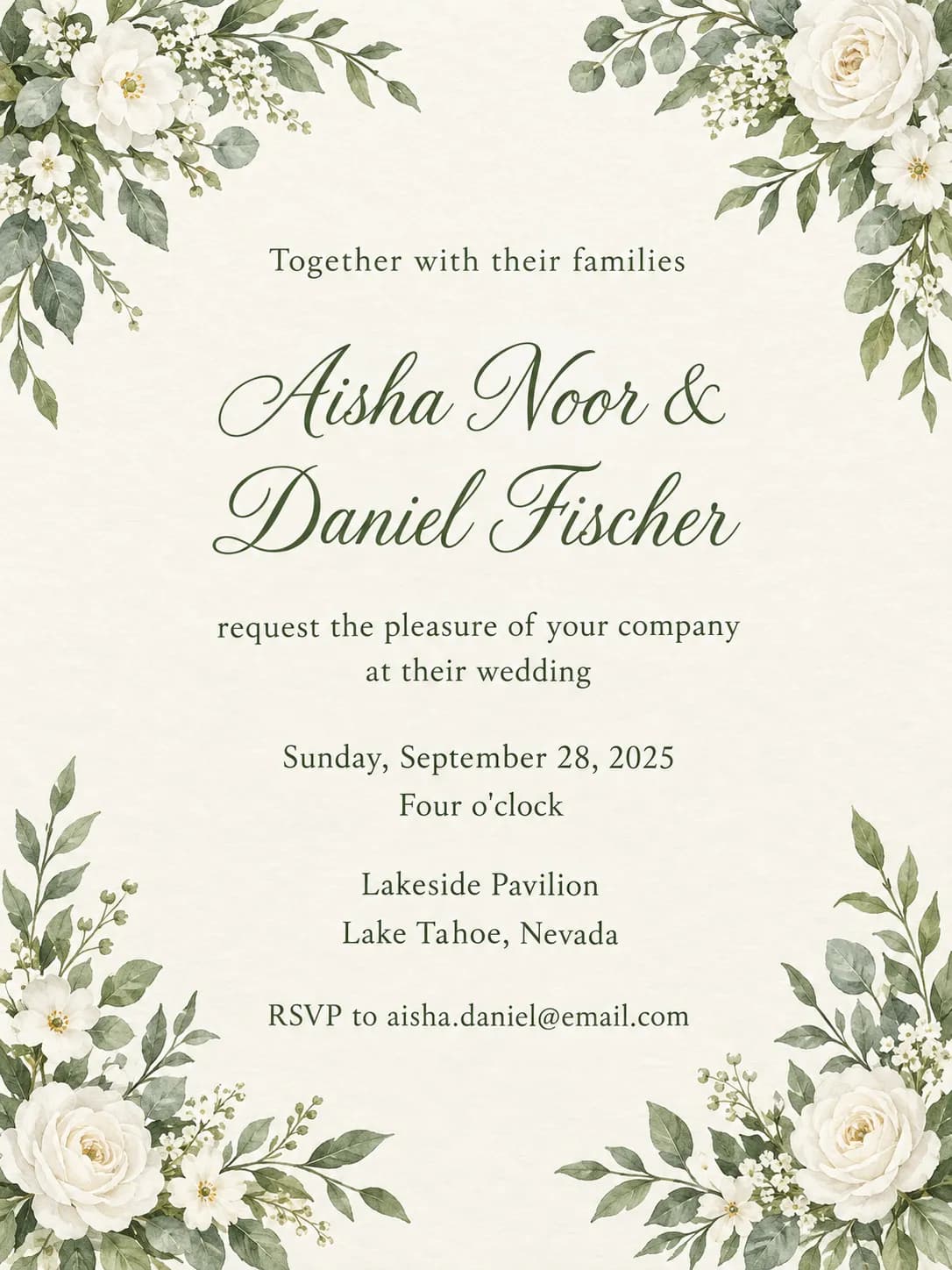 Watercolor botanical wedding invitation with soft white flowers and greenery for Aisha Noor and Daniel Fischer