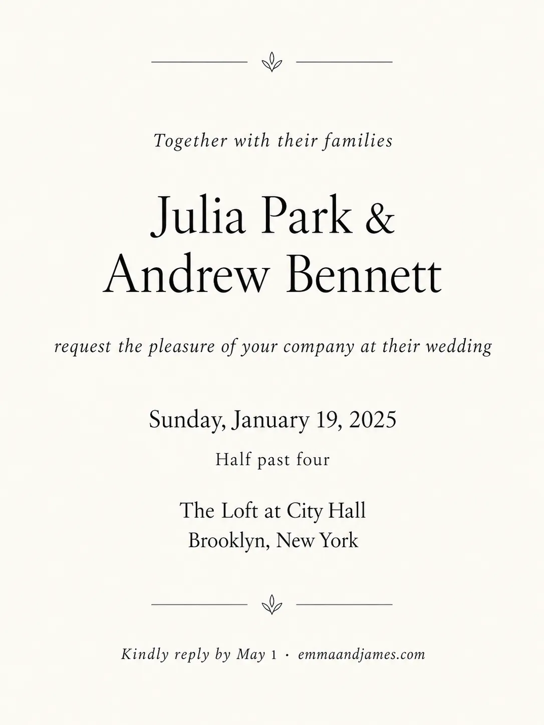 Modern minimal wedding invitation in clean serif type on cream for Julia Park and Andrew Bennett