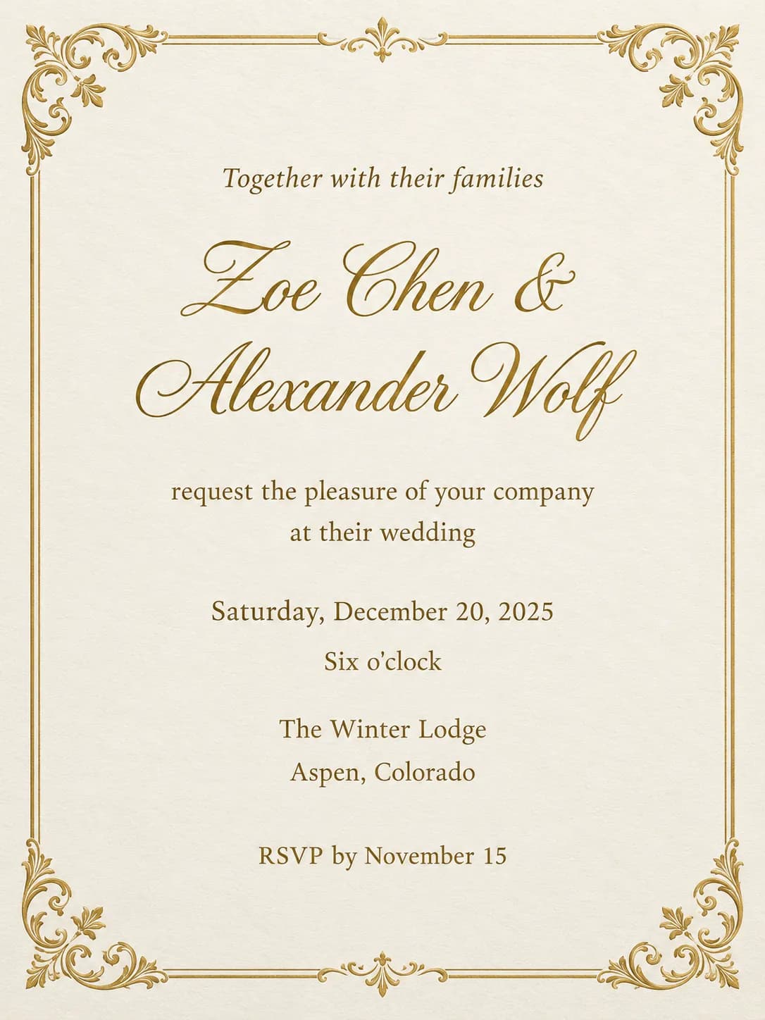 Classic gold-frame wedding invitation with delicate gold corner ornaments for Zoe Chen and Alexander Wolf