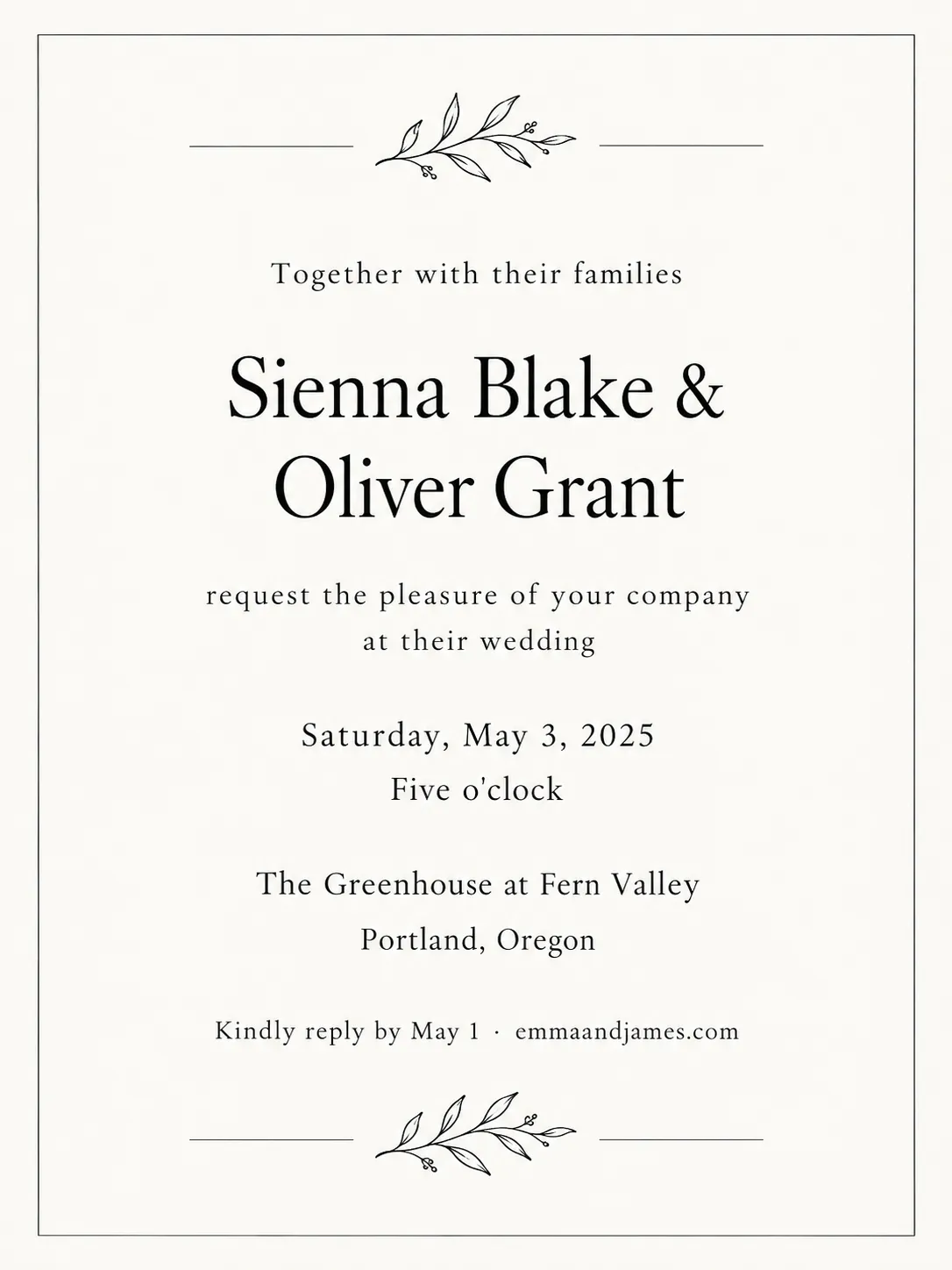 Modern minimal wedding invitation with a thin line border and a small leaf motif for Sienna Blake and Oliver Grant
