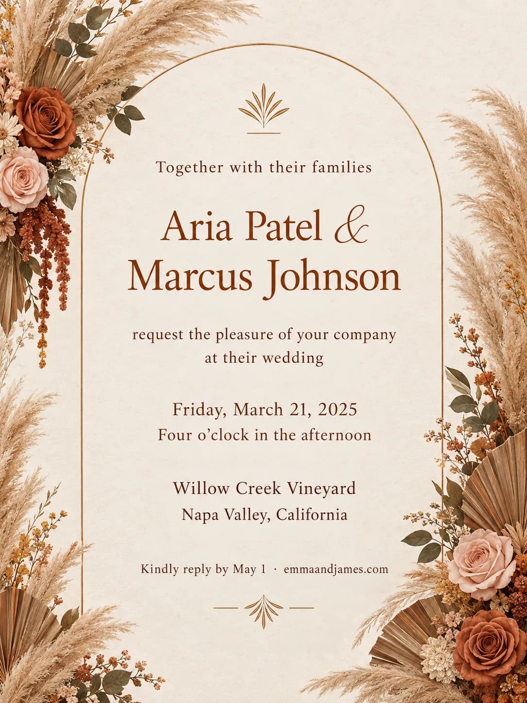 Boho wedding invitation with a terracotta arch, dried flowers and pampas grass for Aria Patel and Marcus Johnson