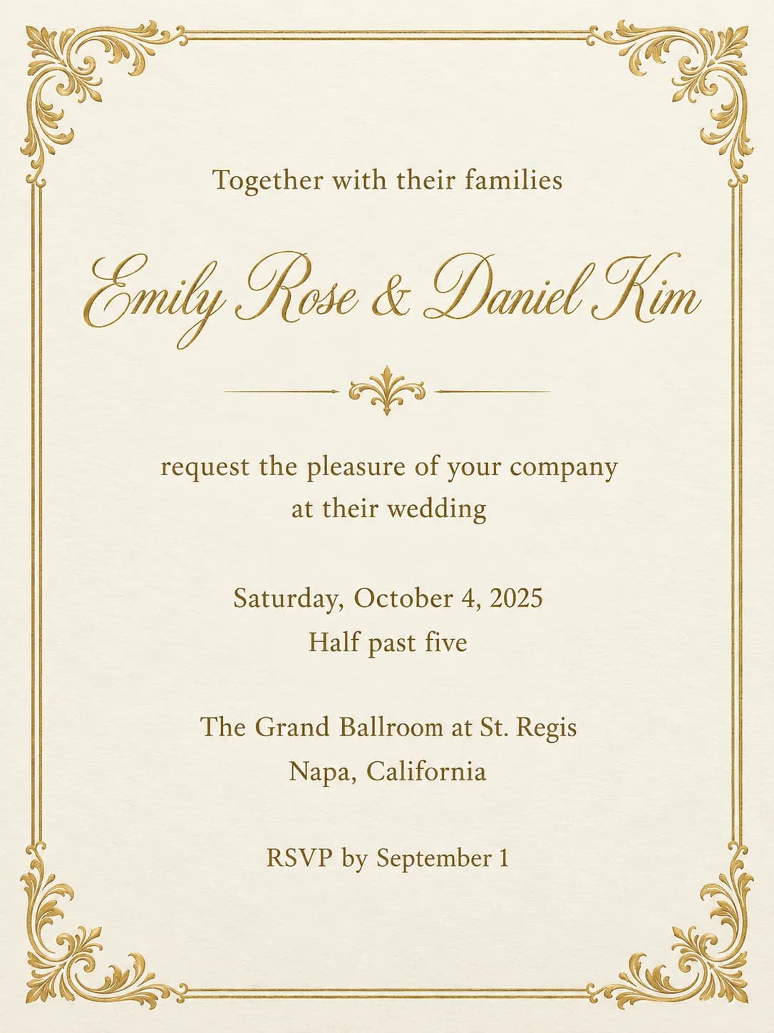 Classic gold-frame wedding invitation with an ornate gold border and script names for Emily Rose and Daniel Kim