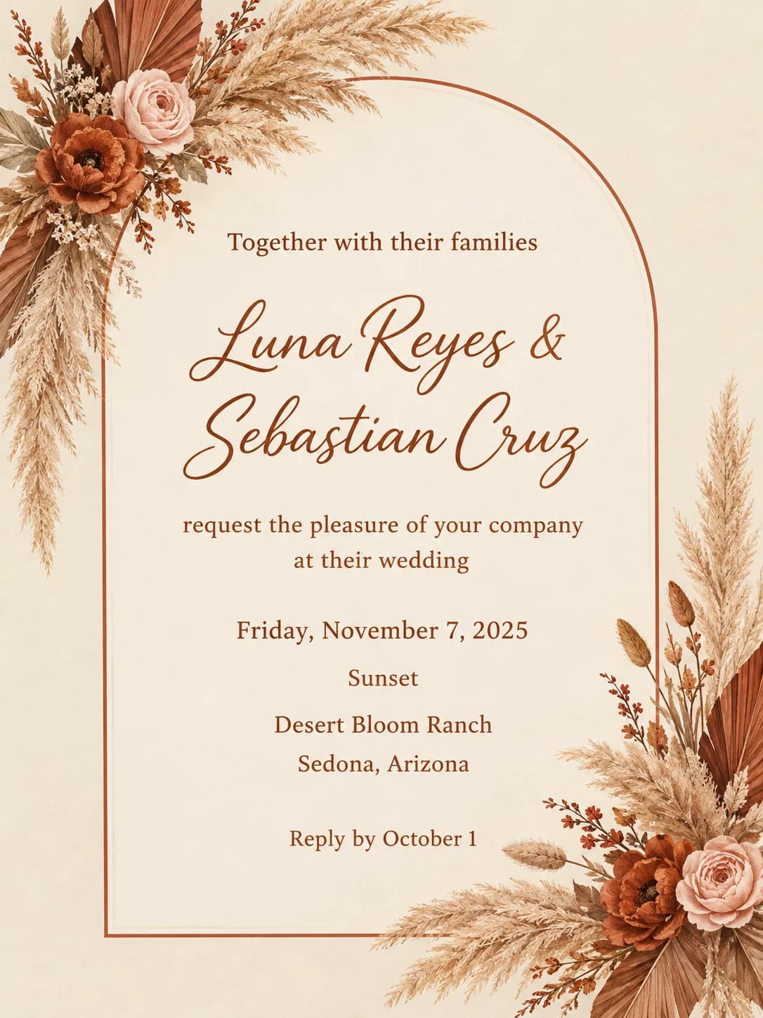 Boho wedding invitation with a blush arch, dried flowers and pampas grass for Luna Reyes and Sebastian Cruz