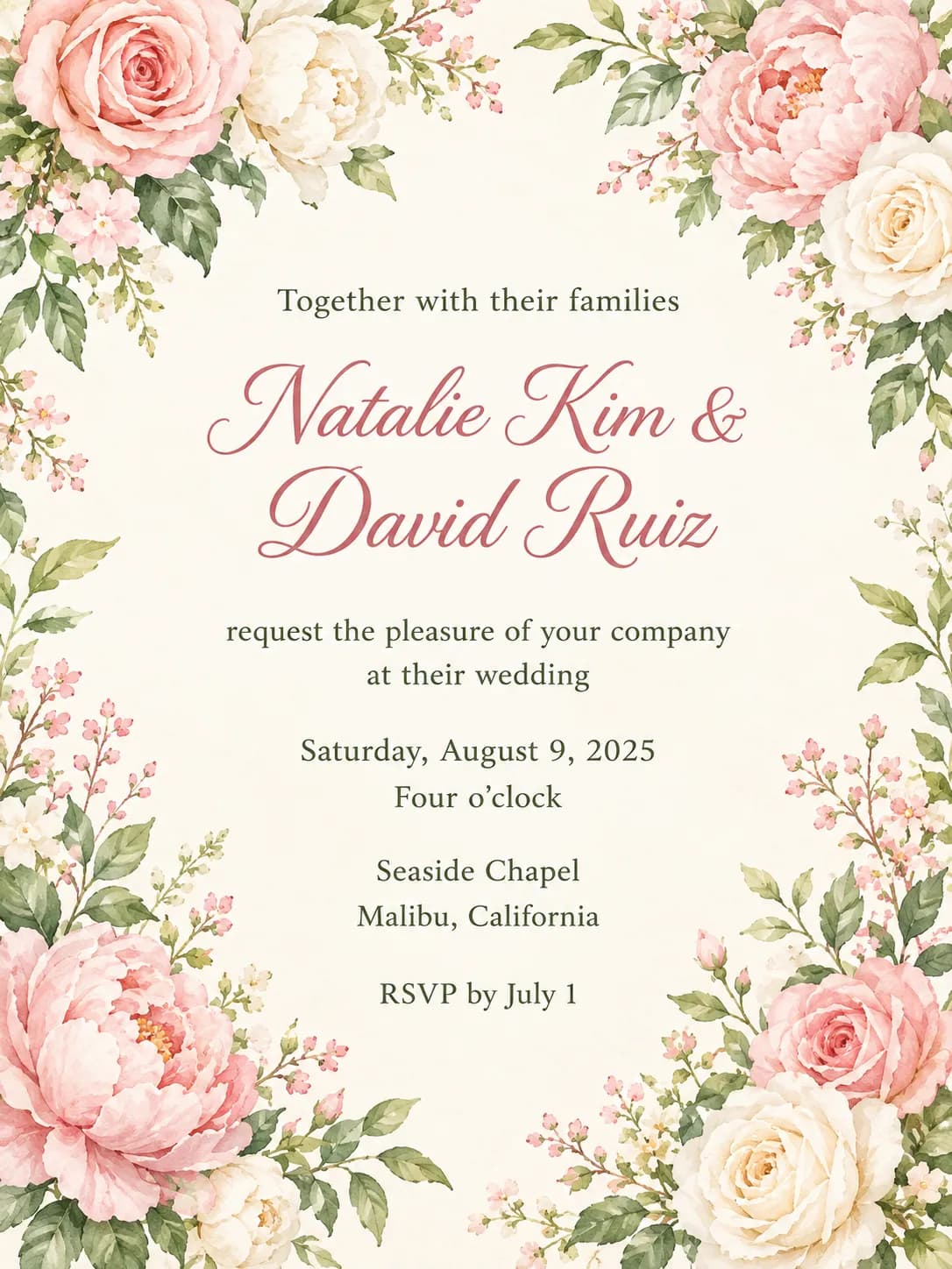 Romantic garden wedding invitation framed by pink peonies and roses for Natalie Kim and David Ruiz